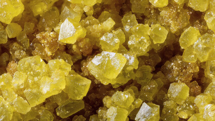 A stunning macro view of a cluster of raw yellow crystalline minerals, showcasing their intricate geometric structure and brilliant color