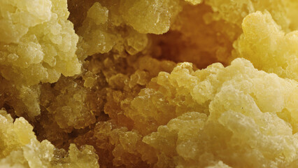 Stunning macro detail of a vibrant yellow mineral specimen, showcasing its intricate crystalline structure and raw, textured surface