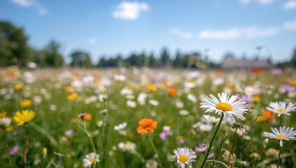 Obraz premium A vibrant spring flower field used as a background for text layout, featuring wild daisies under a blue sky