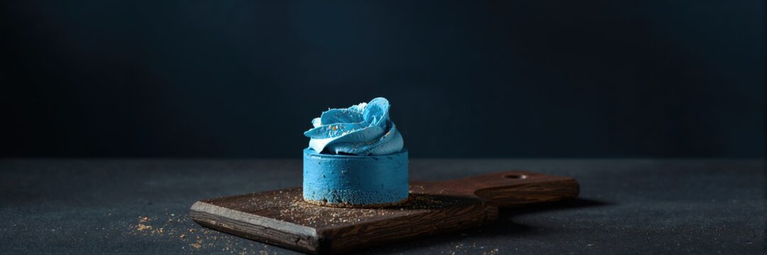Blue dessert on a dark board, used as a stylish background for food presentation