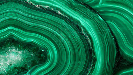 Abstract view of a green Malachite stone, showcasing natural mineral patterns and textures in macro detail