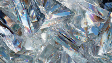 Mesmerizing abstract background of fragmented clear material, showcasing sharp edges and brilliant light reflections, creating a dynamic crystalline texture
