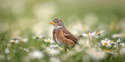 Close up of a proud speckled thrush among daisies in a field, emphasizing natural bird behavior and habitat, Earth Day