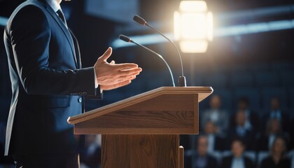 Speaker Addressing Audience From Podium With Microphone and Spotlight.