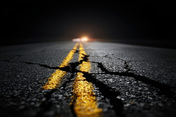 Asphalt Road Surface with Cracks and Yellow Lines at Night Illuminated by Distant Lights