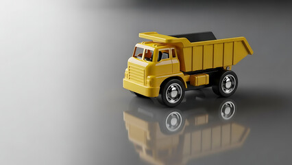 Yellow Toy Dump Truck on Reflective Surface.