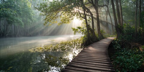 Wooden bridge crossing a mangrove forest at dawn, emphasizing natural landscape preservation awareness