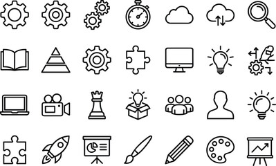 Creative business icons collection featuring gears, innovation symbols, strategy elements, digital tools, teamwork concepts, puzzle pieces, growth charts, and idea development graphics.