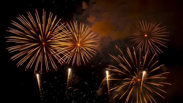 Golden fireworks bursting in the night sky with dramatic sparks and glowing trails during festive celebration
