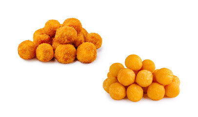 Tasty golden cheese balls stacked in two groups on a white background