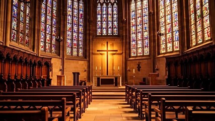 An elegant church interior with stunning stained glass and a warm ambiance. - Powered by Adobe