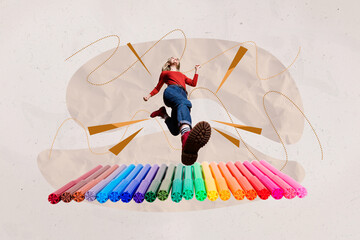 Contemporary image art collage of happy girl stand colorful felt pen highlighter education supplies university learner pencil