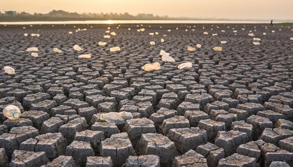 Fototapeta premium Vast Cracked Earth Landscape Under a Hazy Sunset Sky.