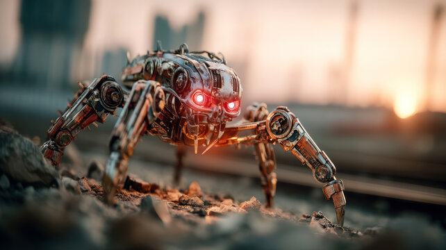 Spider-like metal robot and a lot of human skulls in abandoned destroyed town. Post-nuclear war dystopian future