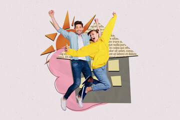 Trend image collage of people jump make selfie gadget win near picture house on grey color background