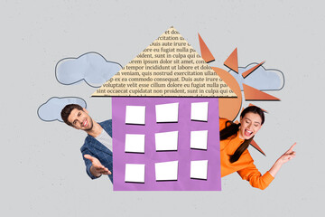 Poster surreal collage of people stand behind house hand shake  on grey color background