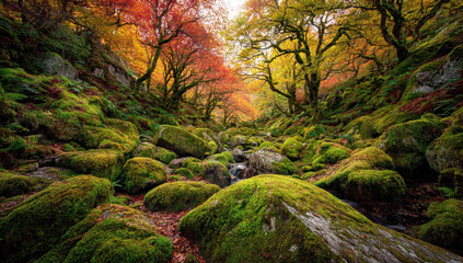 Autumnal Forest Scene Bergen National Park Norway With Moss Covered Rocks and Colorful Foliage