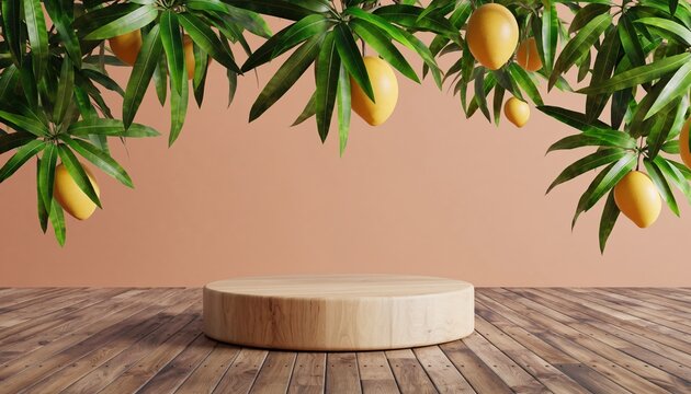 Wooden Podium Underneath Mango Tree Branches With Ripe Fruits.