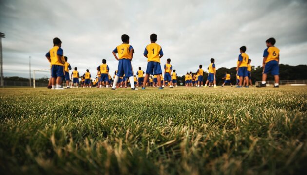 Young soccer players in yellow uniforms on a grassy field during a game.