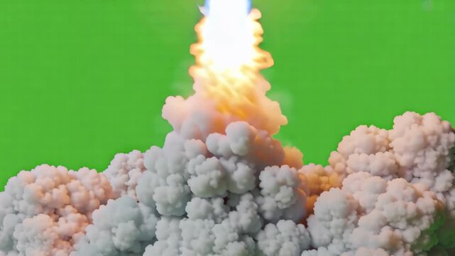 Rocket launch with fire and smoke on green screen background for compositing effects
