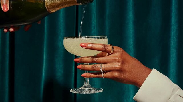 Elegant hand pours sparkling drink into glass against teal curtain creating luxurious celebration moment with golden liquid bubbles and refined festive atmosphere