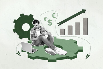 Sketch 3d art image collage of happy businesswoman man arrow diagram statistics development euro income gearwheel optimization