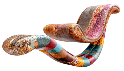 Modern chair DNA helix tribal motif colorful pattern curved design sculptural furniture patchwork leather artistic lounge vibrant texture contemporary interior. Modern chair DNA helix, isolated