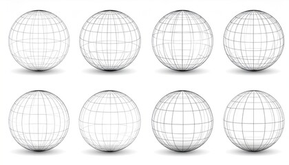 Wireframe globes arranged on a white background.