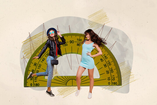 Sketch 3d art image collage of two happy girls students stand ruler measure school supply education concept back september