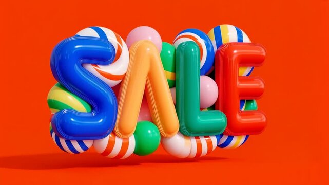 Playful three dimensional candy style letters spelling sale stand on bright orange background creating bold shopping promotion concept with colorful sweets and fun retail energy
