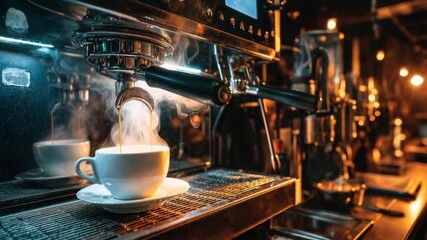 Professional espresso machine brews hot coffee into white cup with steam rising in warm cafe interior capturing barista craft cozy atmosphere and authentic specialty drink preparation - Powered by Adobe