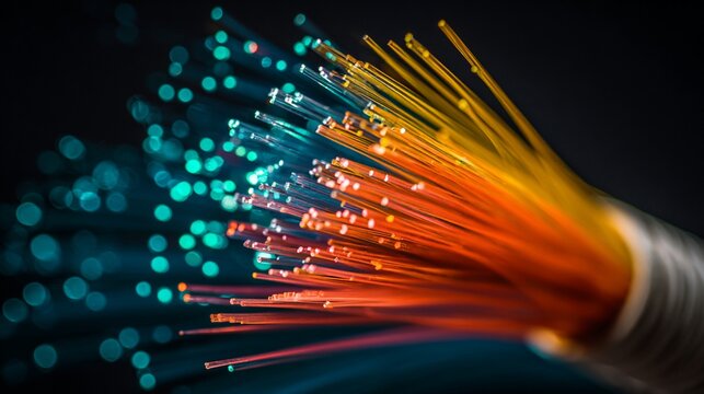 Vibrant close-up of colorful fiber optic strands, showcasing their intricate details against a dark background, emphasizing technology and connectivity in modern communication systems. - Powered by Adobe