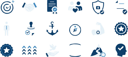 Core Values and Ethics Icon Set, Trust, Achievement, Quality, Business Integrity, Leadership, Commitment, Vector