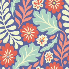 Seamless Pattern With Stylized Flowers and Leaves on Purple Background Design Art