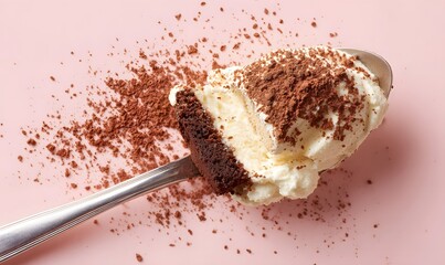 an indulgent spoonful of tiramisu that has medium sized uniformly piped peaks of thick, mascarpone broken into by the spoon with a dusting of cocoa powder and coffee-soaked chocolate sponge