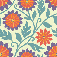 Seamless Floral Pattern Featuring Colorful Flowers and Leaves on Light Yellow Art