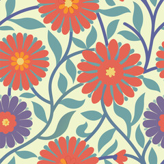 Seamless Pattern With Red and Purple Flowers and Blue Leaves on Yellow Design Art