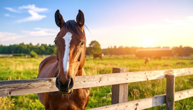 Horse on farm in a sunny pasture.