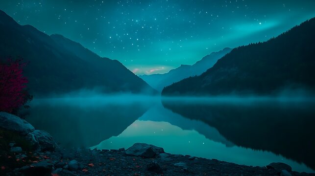Dark mountain lake reflecting cloudy night sky in peaceful silence
