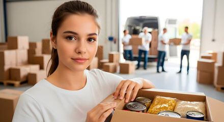 Woman holding box of food donations for charity. Food bank volunteer organizing items for those in need during a giving event. Warehouse storage for help.
