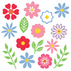 Vector floral set with blossom flowers and leaves in minimalist style for design