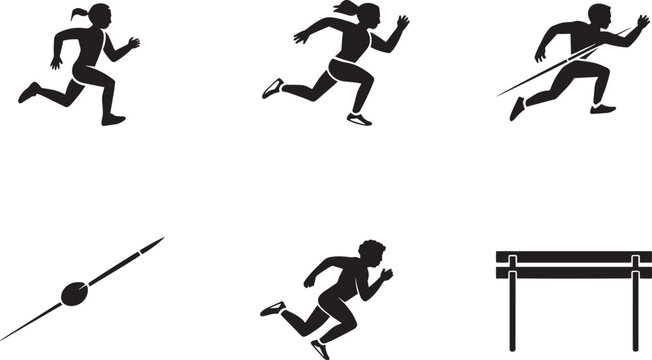 Female athletes sprinting running javelin throwing and jumping track sport silhouettes vector set