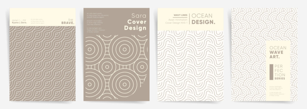 Neutral ocean wave line poster set. Minimal taupe and cream Japanese geometric covers for branding, brochure, flyer and packaging design.