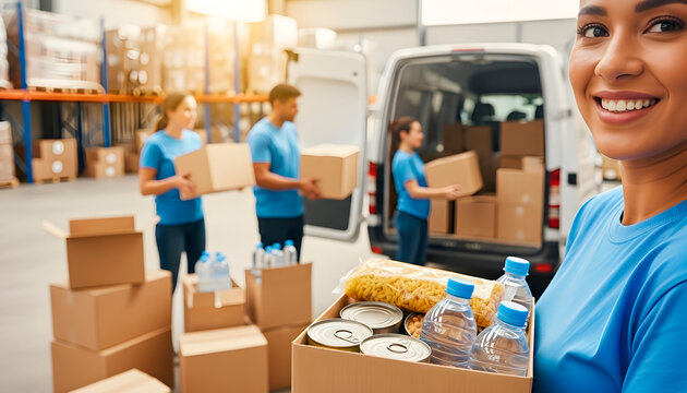 Woman volunteer brings food box with water bottles and canned goods for charity donation. Social worker and humanitarian aid concept for donation or charity.