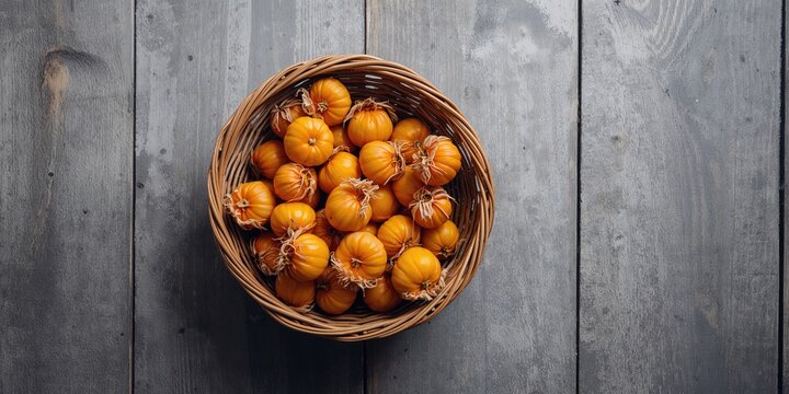 Physalis fruits in dry calyxes beside a wicker basket on a grey wooden surface, emphasizing organic produce for healthy eating, World Food Day