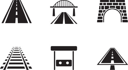 Road infrastructure highway bridge tunnel railway and traffic sign icons flat design vector set