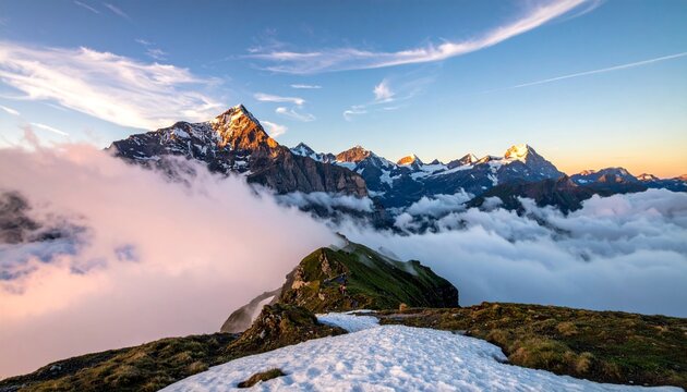 Mountain peak sunrise above the clouds.