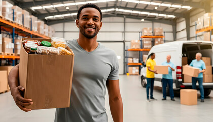 African american man volunteer holding food box with provisions in warehouse smiling. Food donation and charity concept for helping people.