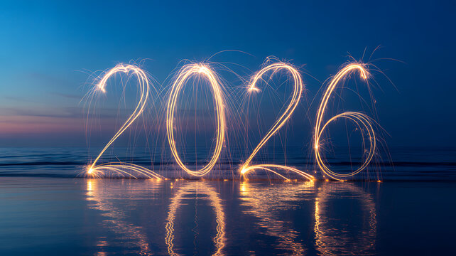 Sparkler light painting spelling out the year 2026 on a wet beach at dusk with reflections in the water - Powered by Adobe