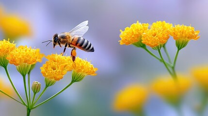 A honey bee lands on a cluster of yellow flowers, showcasing intricate details against a blurred background. The image is a close-up with soft focus, highlighti